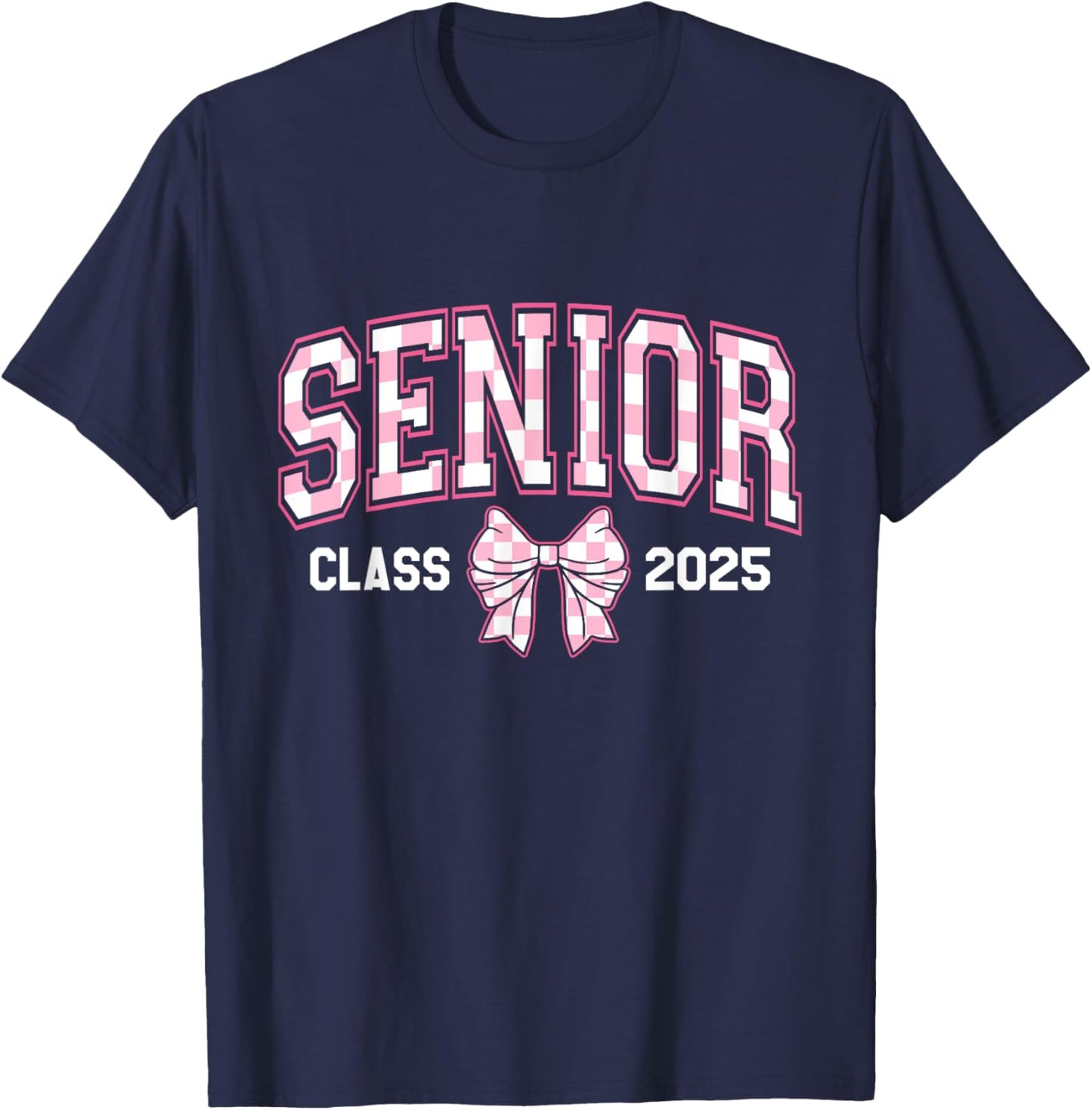 Cute Senior Class Of 2025 Checkered Bow Senior 25 Graduation T-Shirt - T-Shirt | Navy