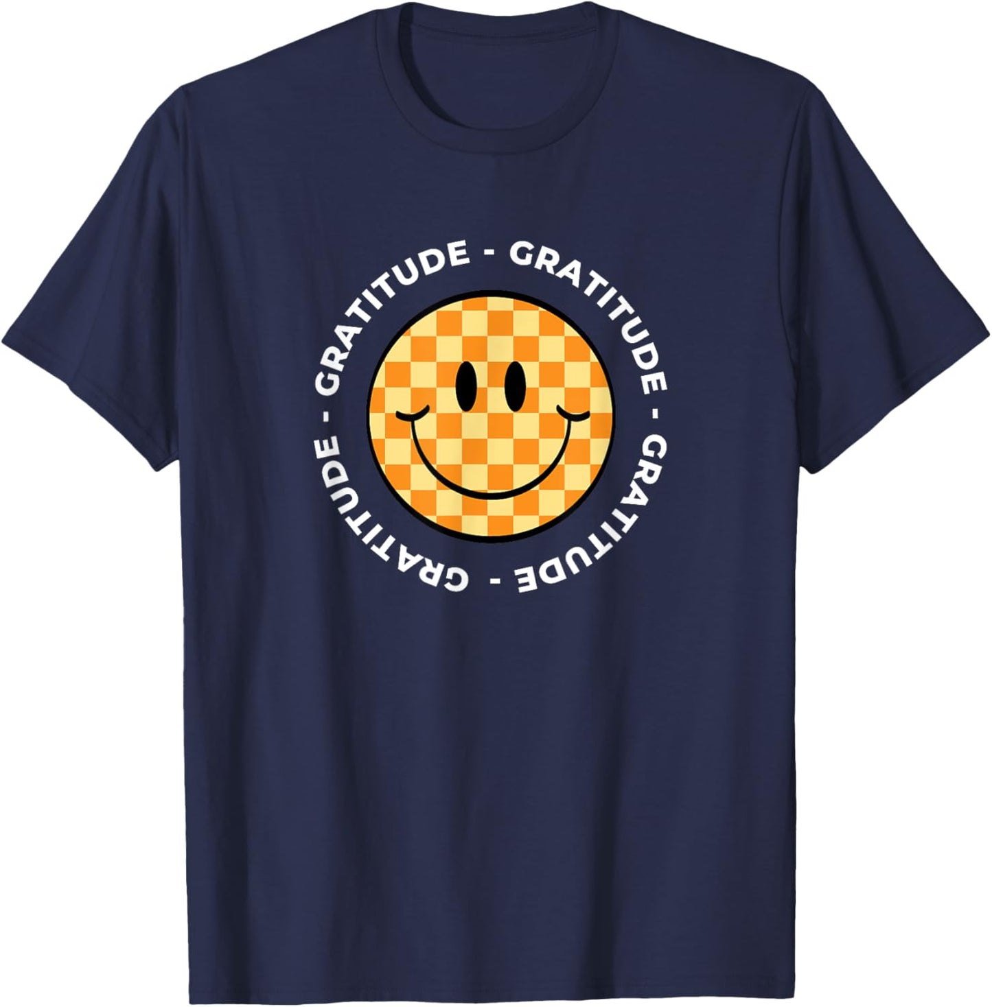 MATTER OF VIBES Gratitude Retro Groovy -Adults & -Kids Black Small Short Sleeve Checkered Retro T-Shirt - T-Shirt | Navy