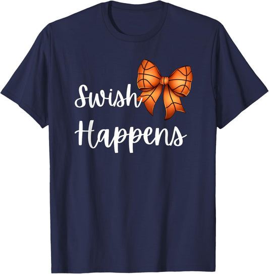 Swish Happens Coquette Style Bow Funny Basketball Lover T-Shirt - T-Shirt | Navy