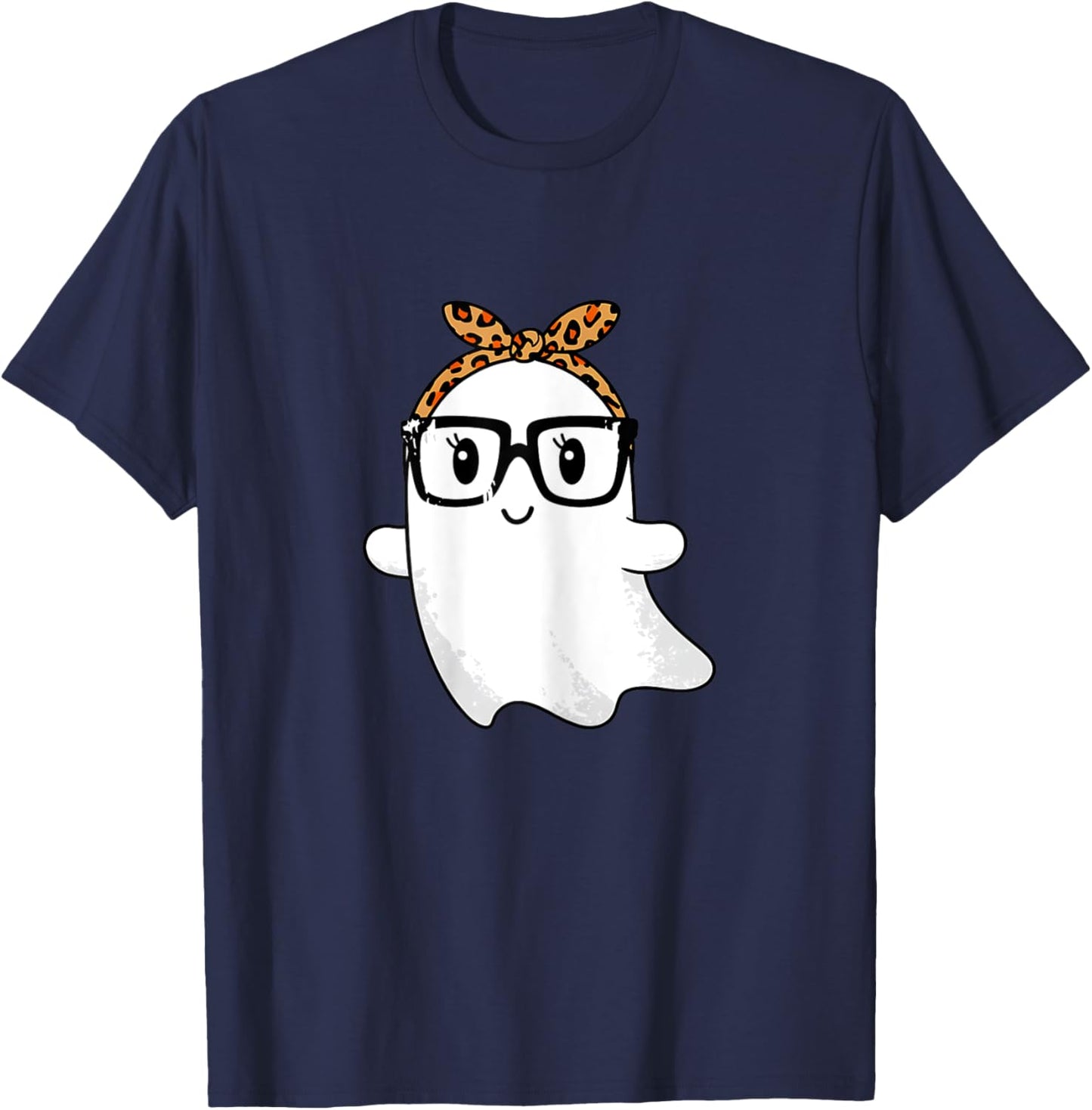Leopard Bandana Ghost with Glasses Girls Cute Spooky Costume T-Shirt - T-Shirt | Navy