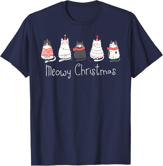 Meowy Catmas Cat Christmas Cute Cats Lover Santa Hat Xmas T-Shirt - T-Shirt | Navy