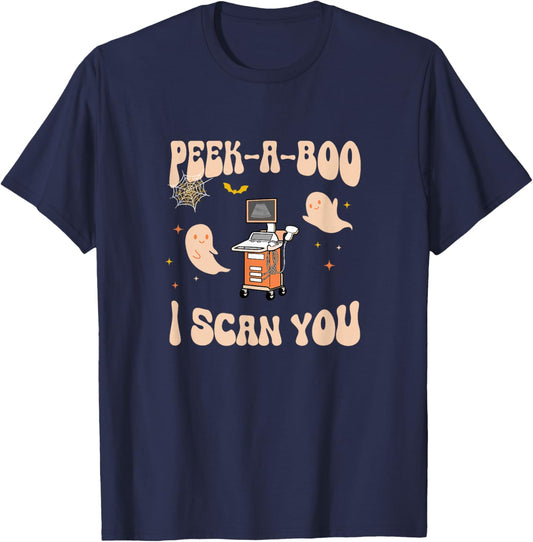 Peek A Boo I Scan You Sonographer Halloween Ultrasound Tech T-Shirt - T-Shirt | Navy