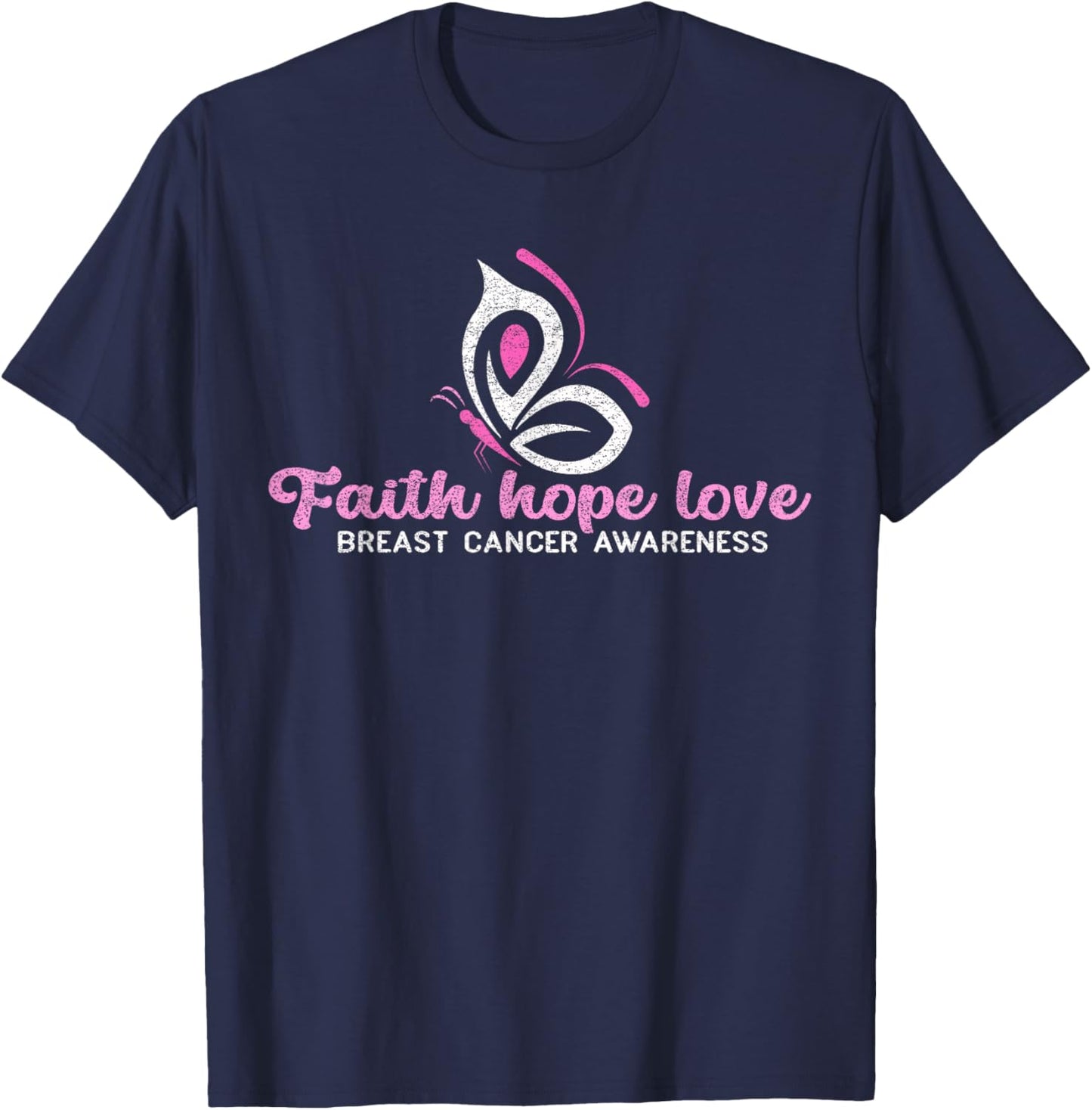 Faith Hope Love Butterfly Ribbon Breast Cancer Awareness T-Shirt - T-Shirt | Navy