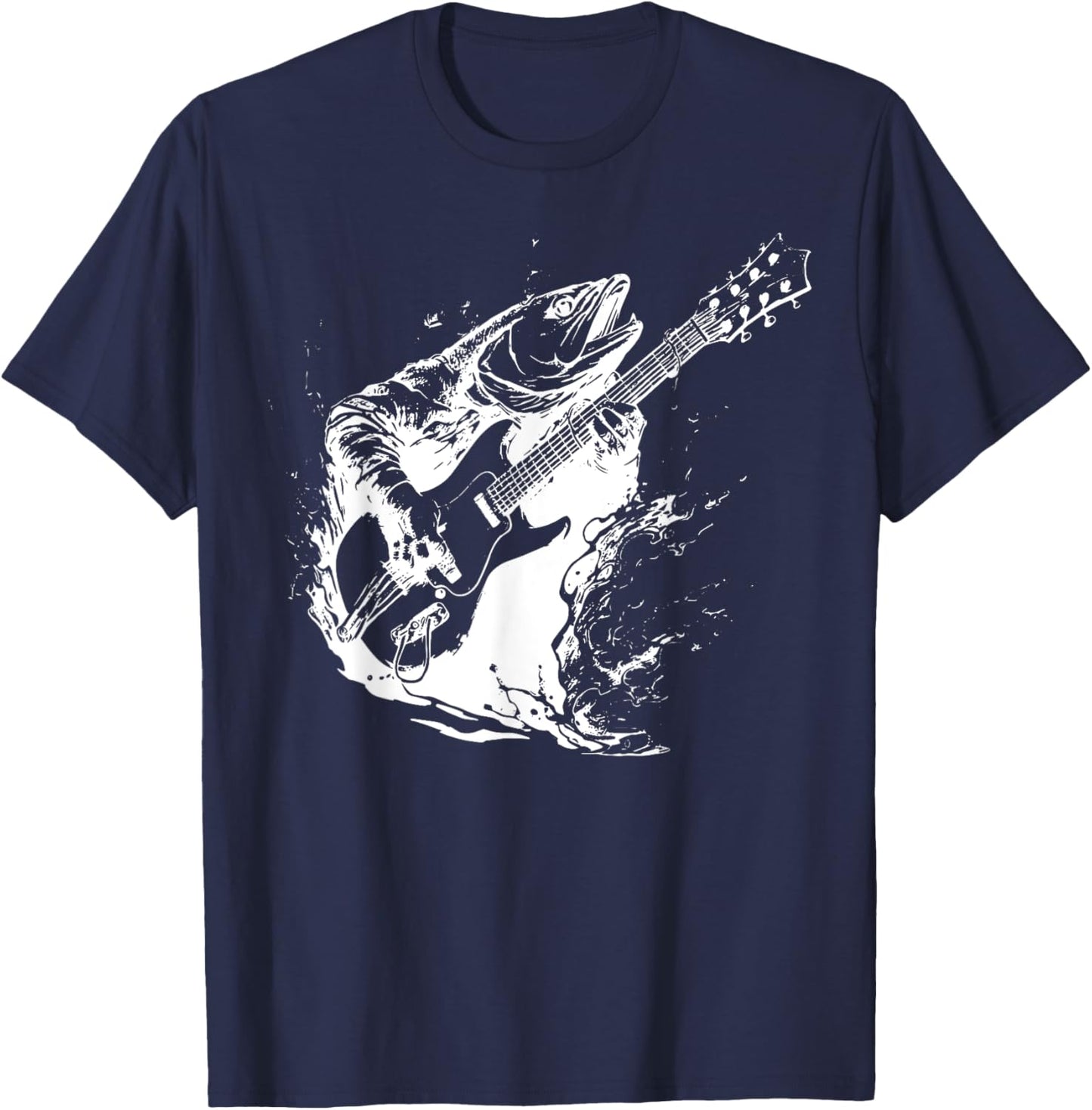 Retro Trout Playing Guitar Funny Fish Guitarist Music Lovers T-Shirt - T-Shirt | Navy