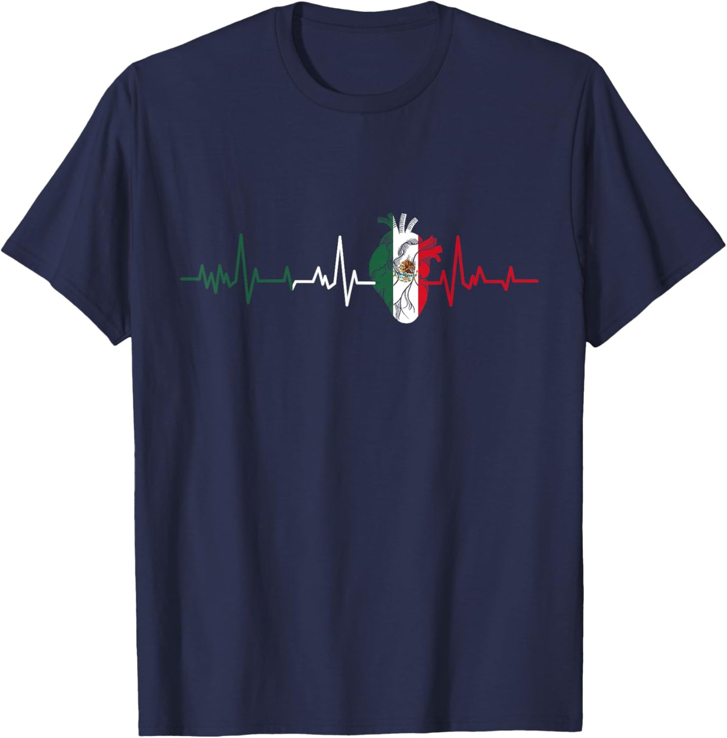 Mexico Flag Heartbeat for Mexican Pride Mexican Flag Root T-Shirt - T-Shirt | Navy