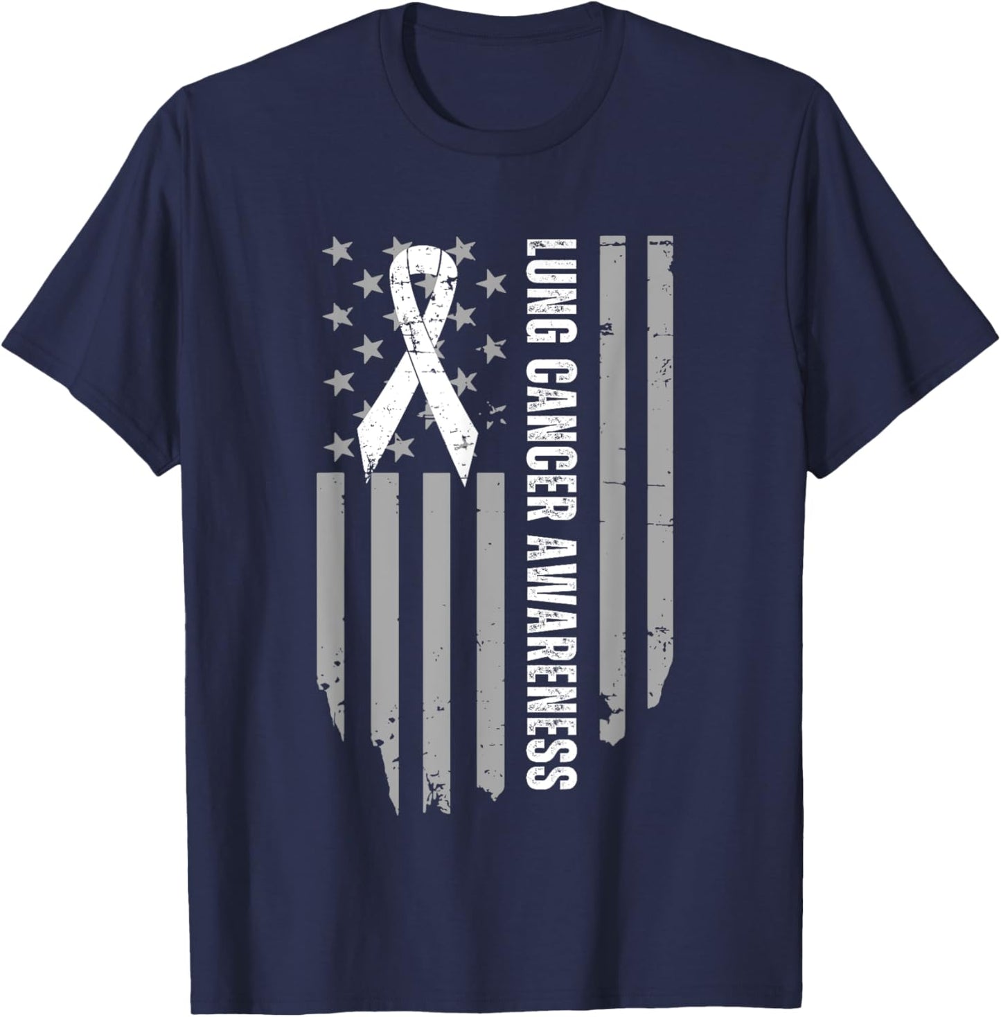 Vintage Lung Cancer Awareness American Flag White Ribbon T-Shirt - T-Shirt | Navy