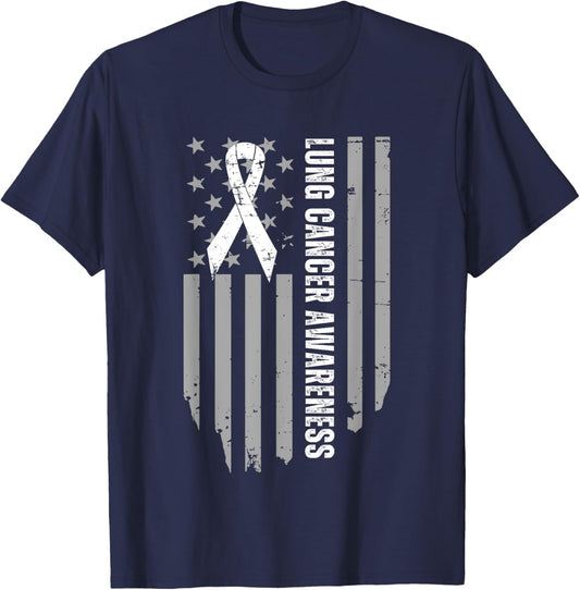 Vintage Lung Cancer Awareness American Flag White Ribbon T-Shirt - T-Shirt | Navy