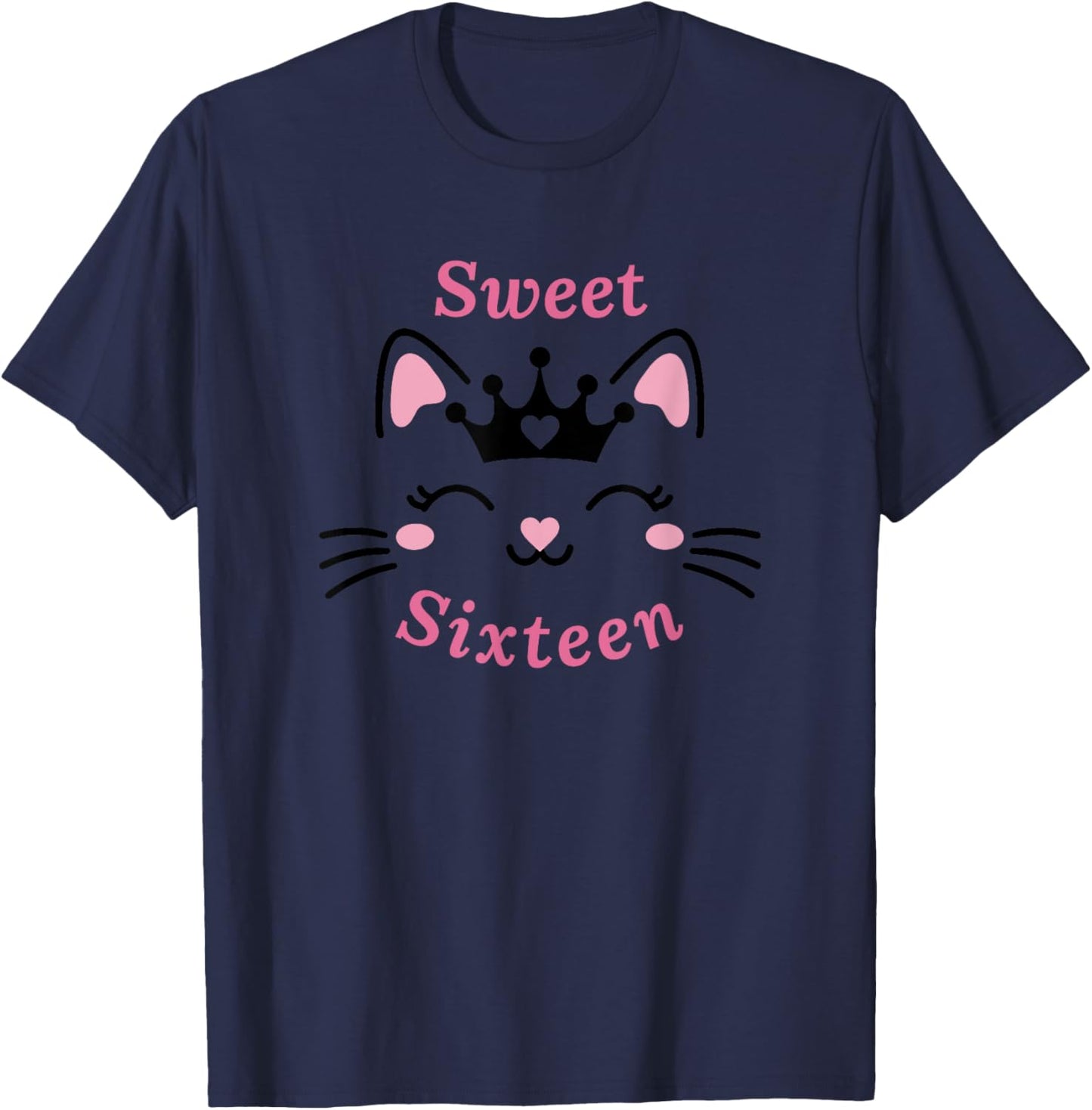 Cute Cat Sweet Sixteen Girl 16th Birthday Party Design Pink T-Shirt - T-Shirt | Navy