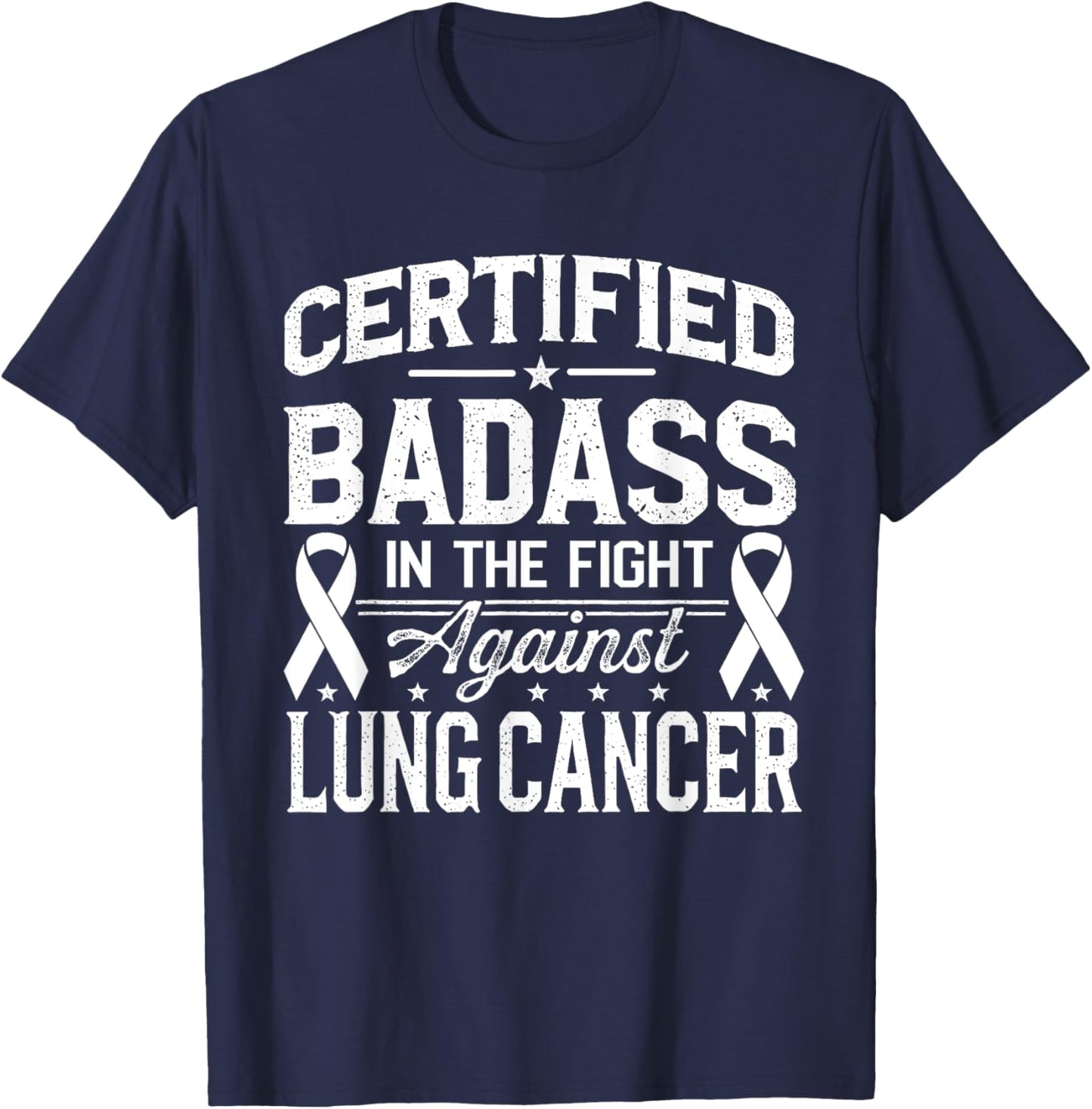 Lung Cancer Warrior White Ribbon Lung Cancer Awareness T-Shirt - T-Shirt | Navy