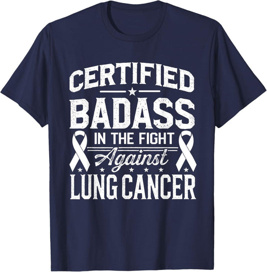 Lung Cancer Warrior White Ribbon Lung Cancer Awareness T-Shirt - T-Shirt | Navy