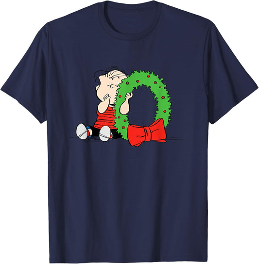 Peanuts Linus Christmas Wreath -All Ages Blue Small T-Shirt - T-Shirt | Navy