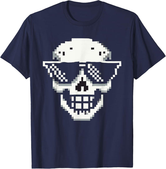 Pixel Cool Skull With Sunglasses Style T-Shirt - T-Shirt | Navy