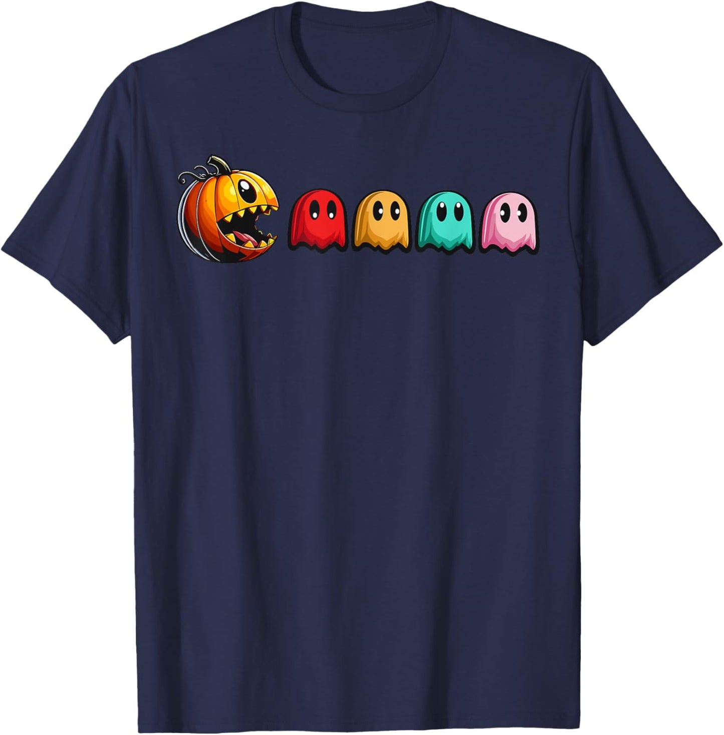 Halloween Pumpkin vs. Ghosts Retro Video Game T-Shirt - T-Shirt | Navy