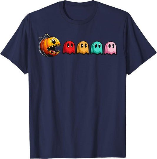 Halloween Pumpkin vs. Ghosts Retro Video Game T-Shirt - T-Shirt | Navy
