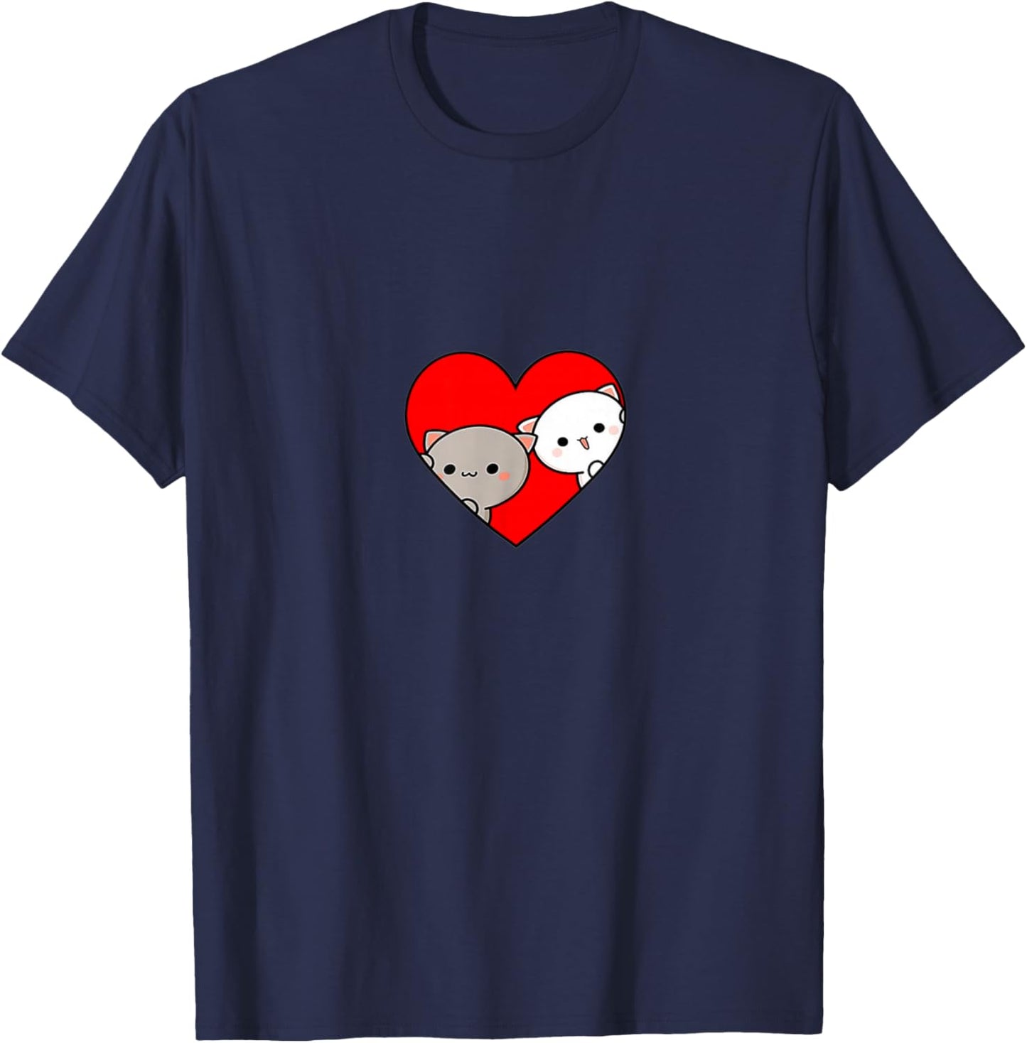 Peach Cartoon Love Goma Cat Valentine’s Day Heart GF BF Men Women Girls Kids T-Shirt - T-Shirt | Navy