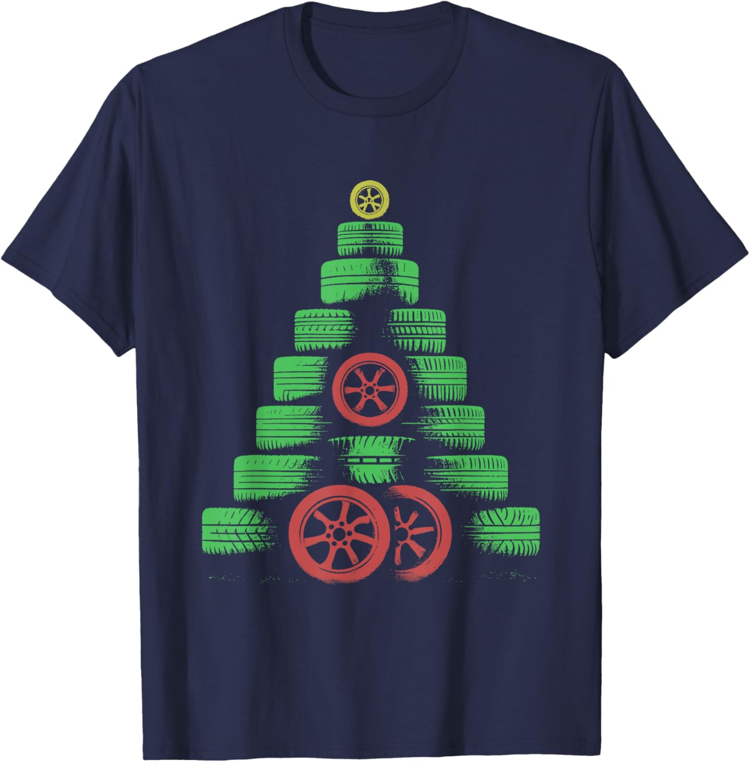 Tires Christmas Tree - Funny Car Mechanic Christmas Lover T-Shirt - T-Shirt | Navy
