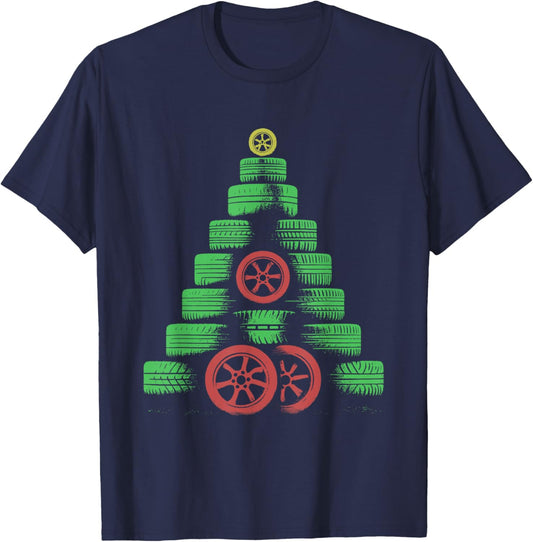 Tires Christmas Tree - Funny Car Mechanic Christmas Lover T-Shirt - T-Shirt | Navy