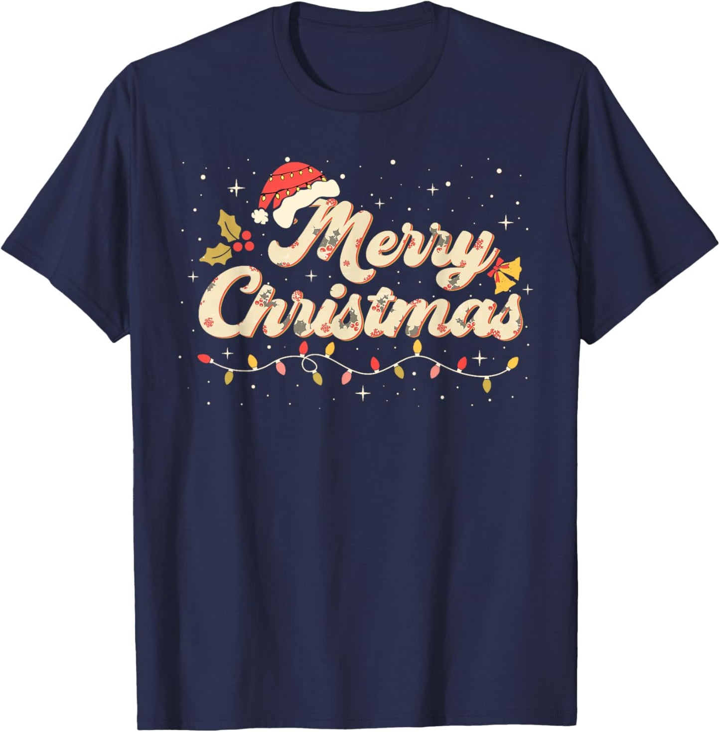 Merry Christmas Lights Red Santa Hat Xmas Family T-Shirt - T-Shirt | Navy
