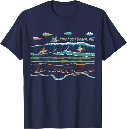 Pine Point Beach ME Beach Maine Beach Waves Pelican Birding T-Shirt - T-Shirt | Navy