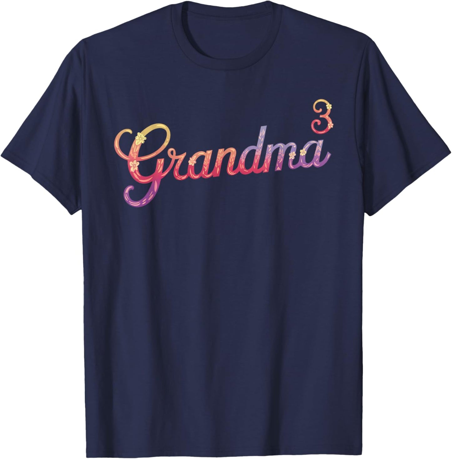 Grandma of Three Floral 3rd Time Grandma with 3 Grandkids T-Shirt - T-Shirt | Navy