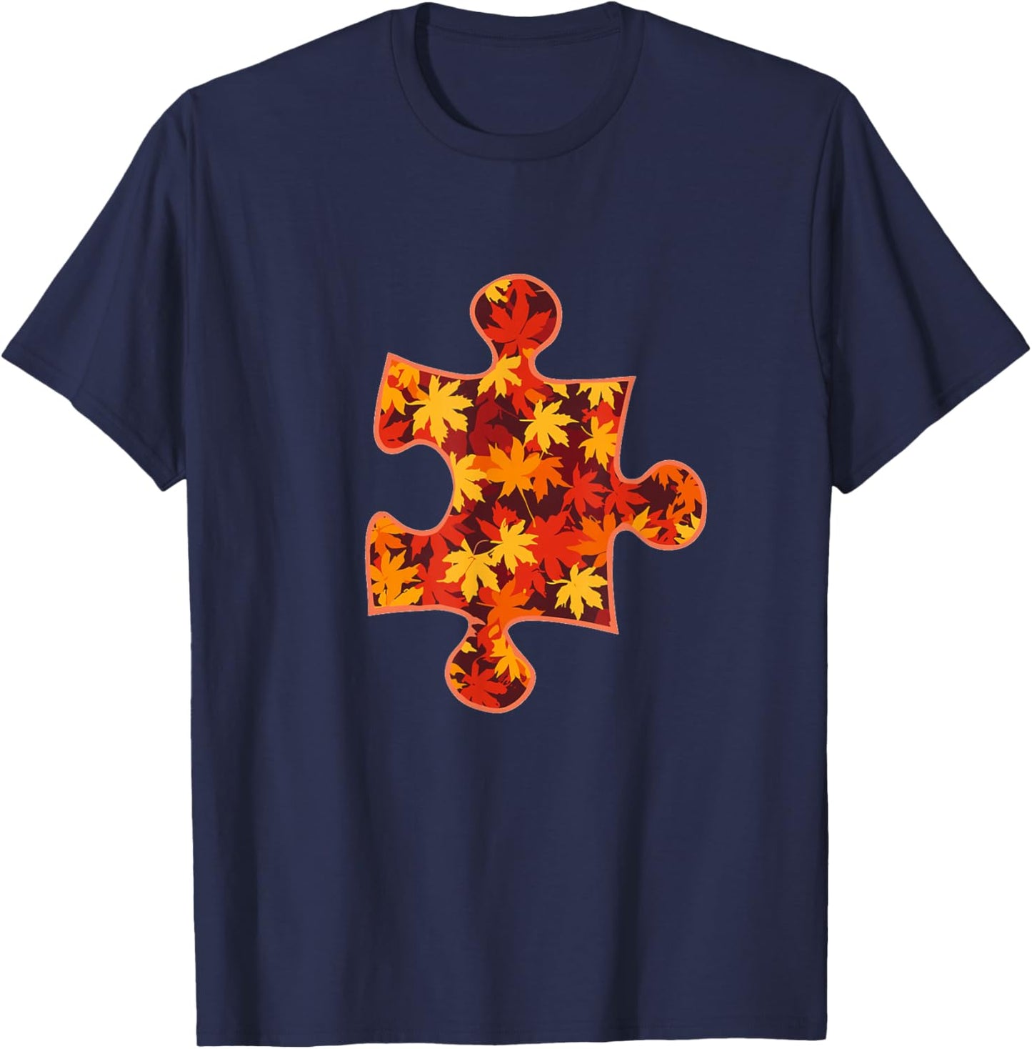 Autism Puzzle Piece Awareness Autistic Fall Autumn Leaves T-Shirt - T-Shirt | Navy