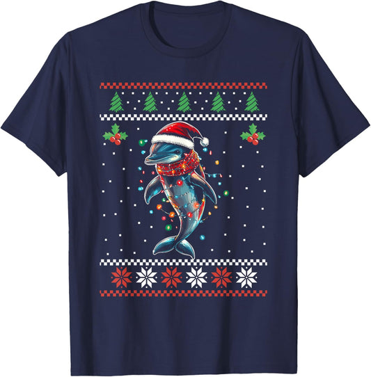 Dolphin Christmas Lights Santa Ugly Christmas Sweater Xmas T-Shirt - T-Shirt | Navy