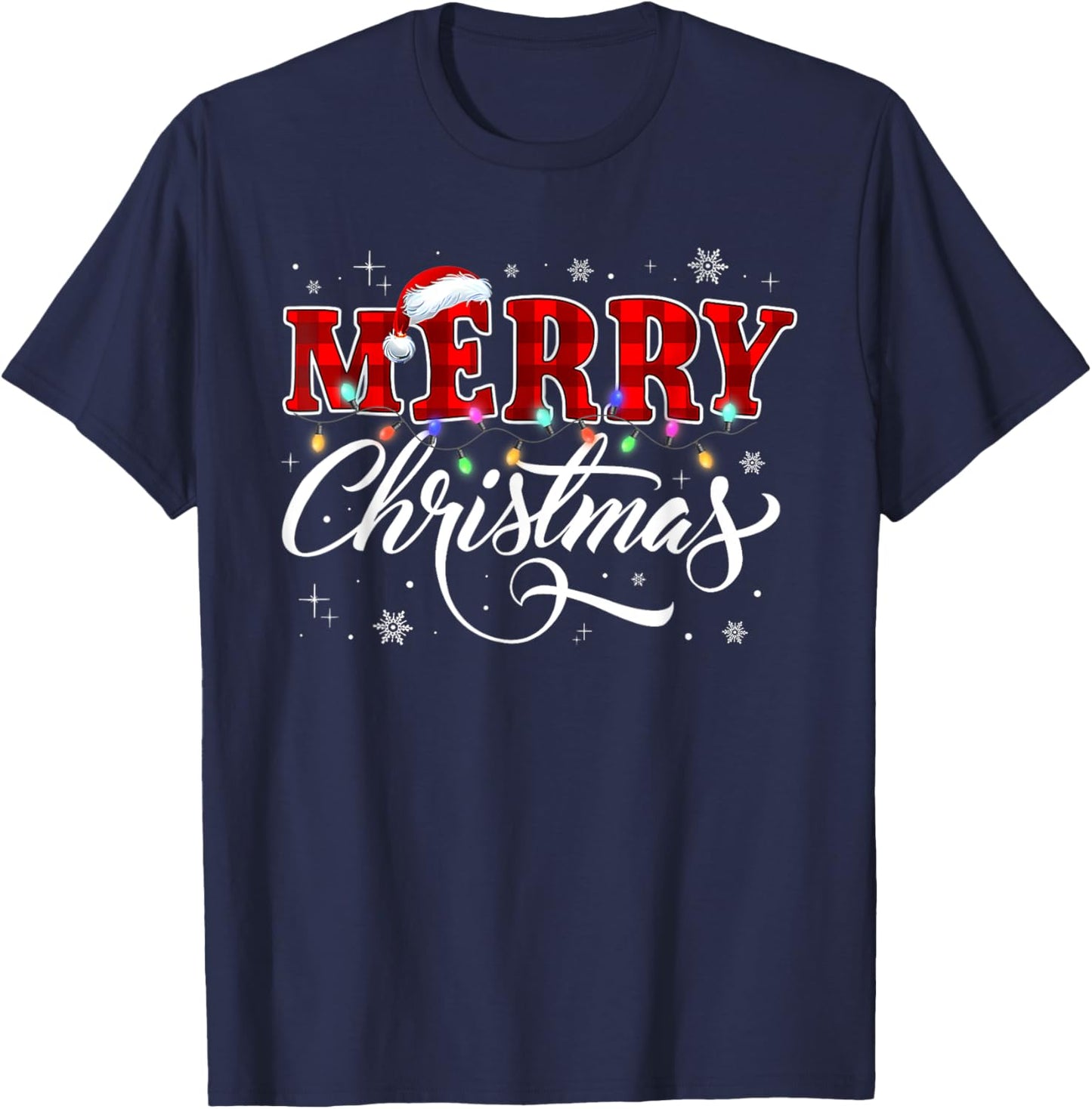 Merry Christmas Buffalo Plaid Red Santa Hat Xmas Pajamas T-Shirt - T-Shirt | Navy
