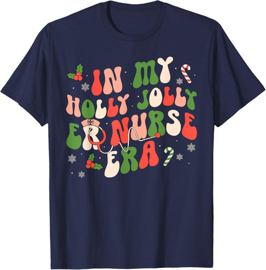 In My ER Christmas Era Emergency Room Registered Nurse Retro T-Shirt - T-Shirt | Navy