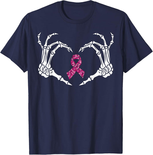 Skeleton Hand Breast Cancer Awareness Pink Ribbon Butterfly T-Shirt - T-Shirt | Navy