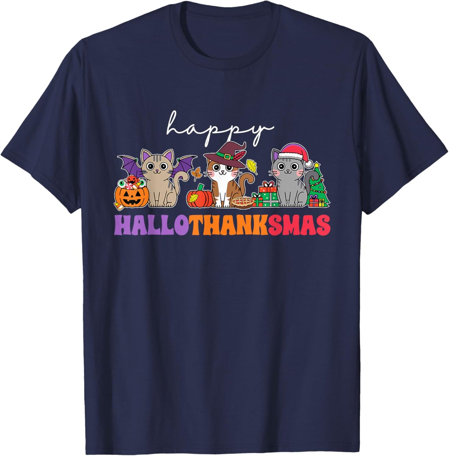 HalloThanksMas Cats : -Adults, -Kids, Black, Small, Short Sleeve, , Halloween, Thanksgiving, Christmas, Fall, Winter, Autumn T-Shirt - T-Shirt | Navy