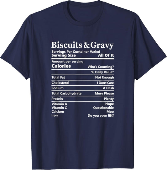 Biscuits and Gravy Nutrition Facts Funny Food Label T-Shirt - T-Shirt | Navy