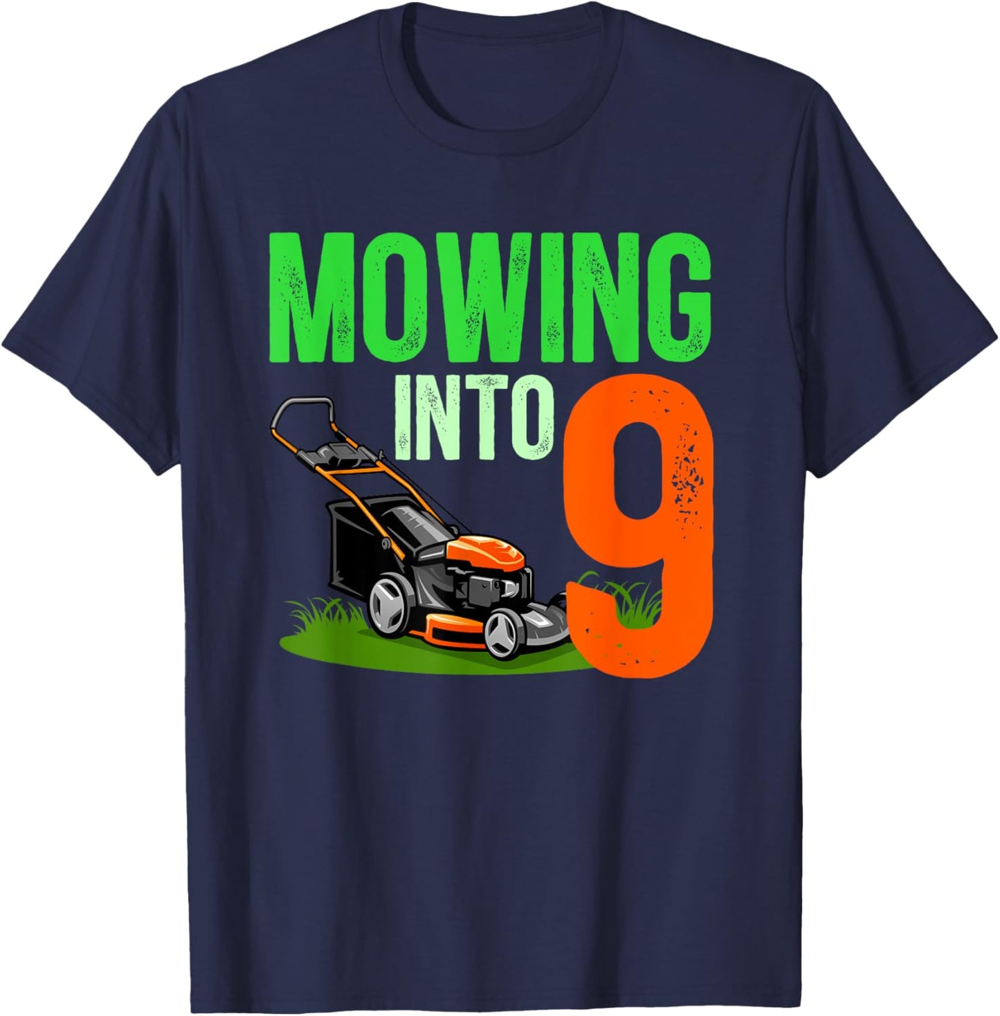 9th Birthday Party Lawn Mower 9 Year Old Lawn Mowing Boy T-Shirt - T-Shirt | Navy