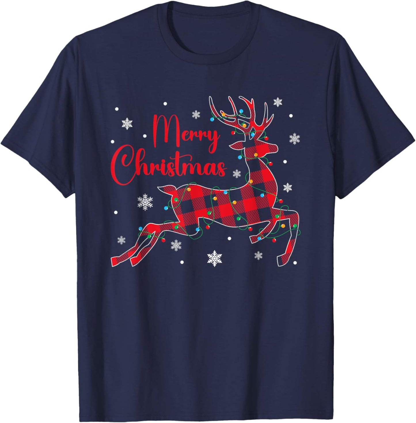 Christmas Pajamas Red Plaid Reindeer Buffalo Plaid Christmas T-Shirt - T-Shirt | Navy
