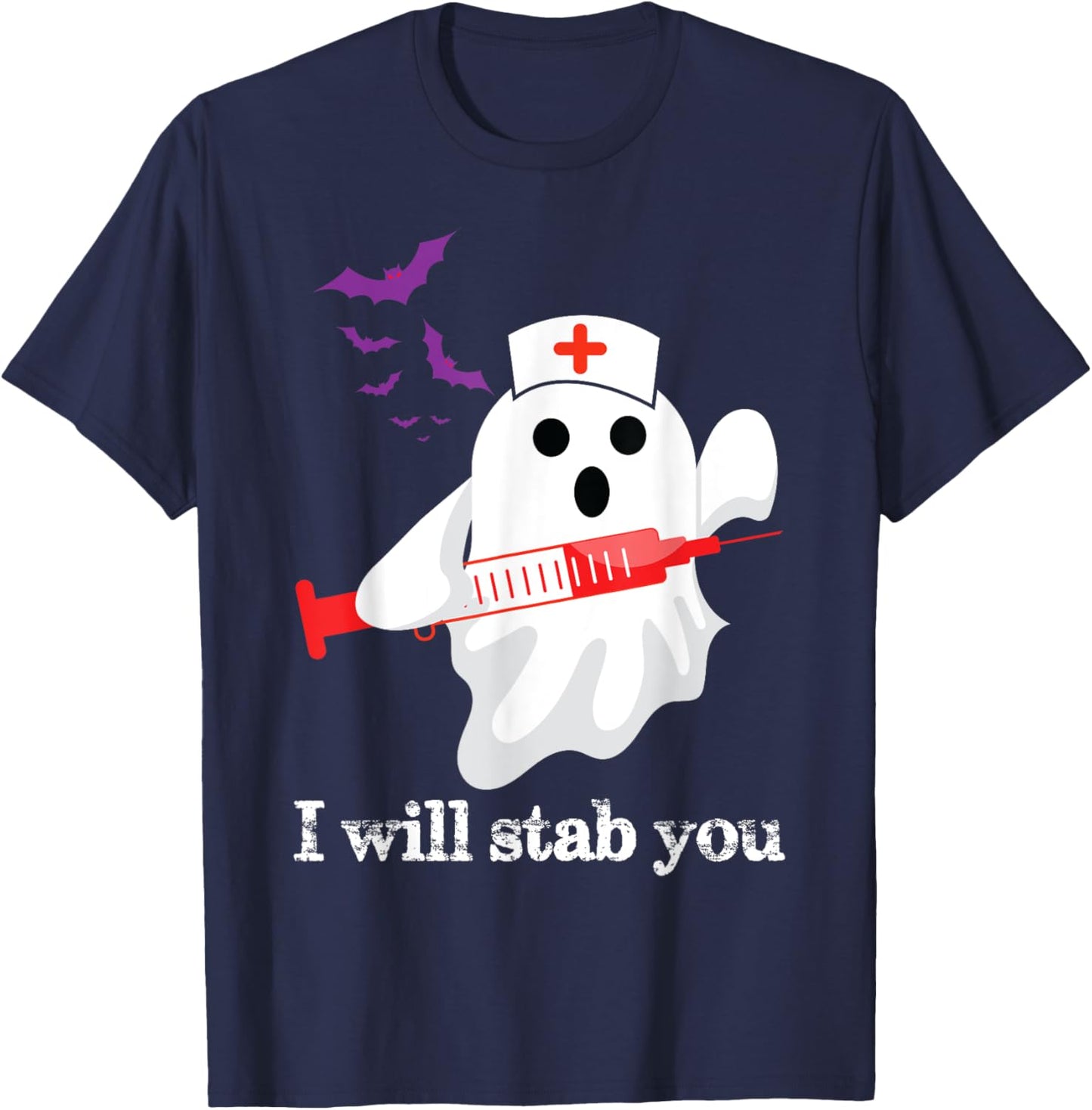 Funny Ghost I Will Stab You Phlebotomist Halloween Pun T-Shirt - T-Shirt | Navy