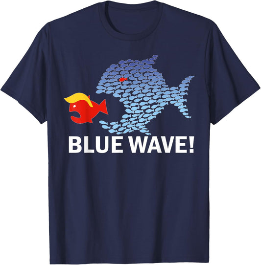 Blue Wave 2024 Funny Big Fish Eat Little Fish Trump Hair T-Shirt - T-Shirt | Navy