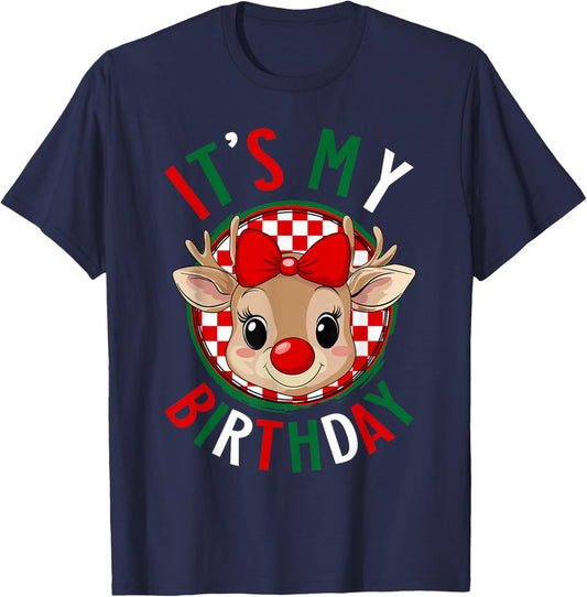It's My Birthday Reindeer Christmas Pajamas Women Girls T-Shirt - T-Shirt | Navy