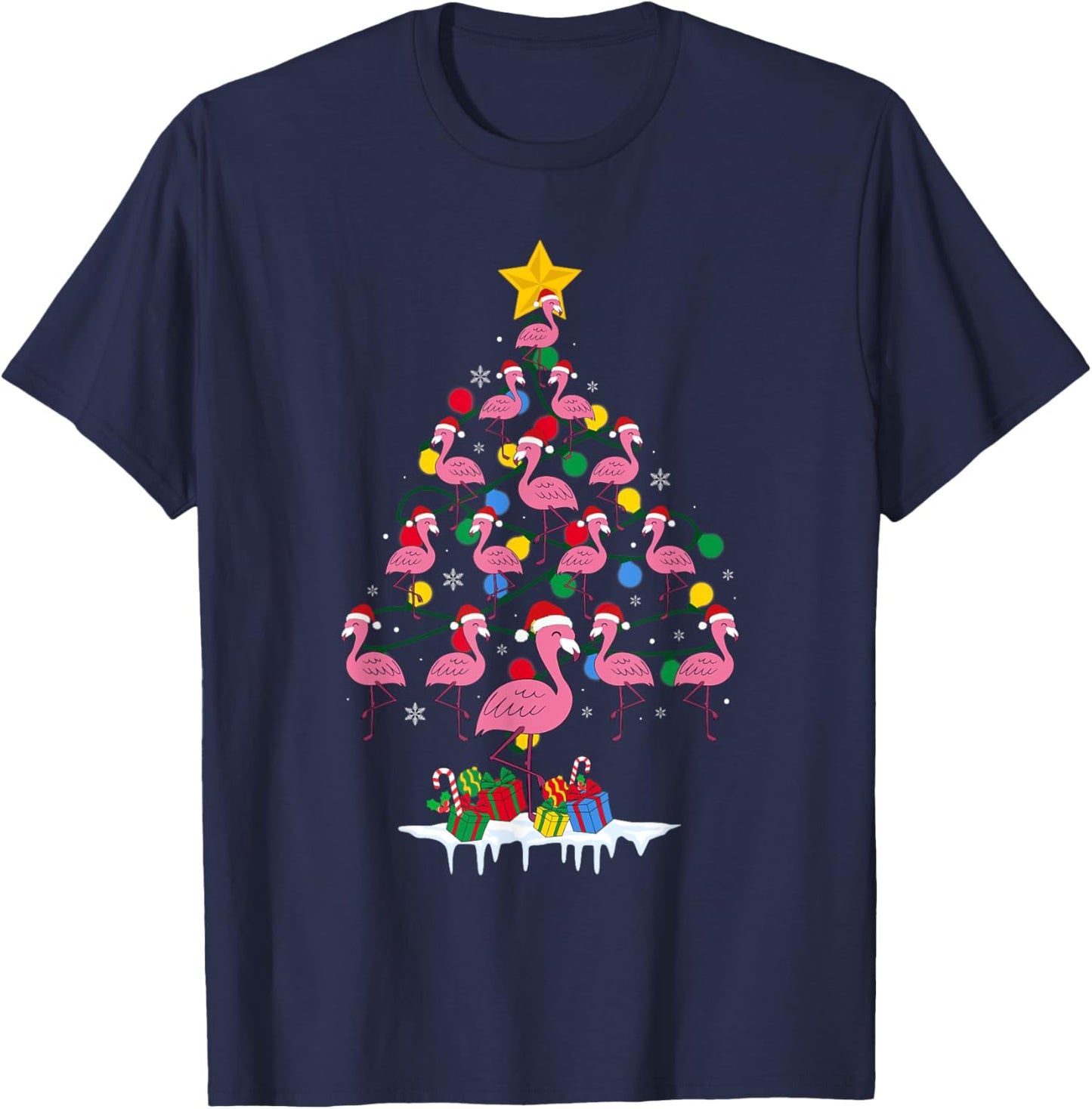 Pink Flamingo Funny Christmas Tree Cute Flamingos Holiday T-Shirt - T-Shirt | Navy