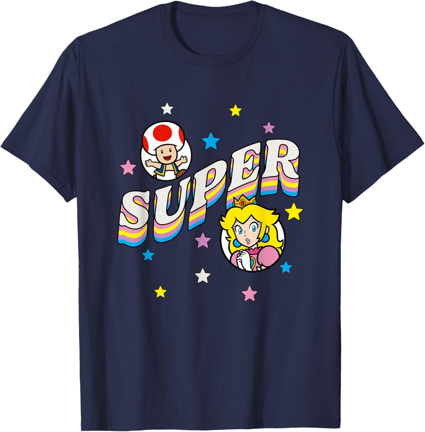 Super Mario Bros Princess Peach & Toad Super Star Text T-Shirt - T-Shirt | Navy