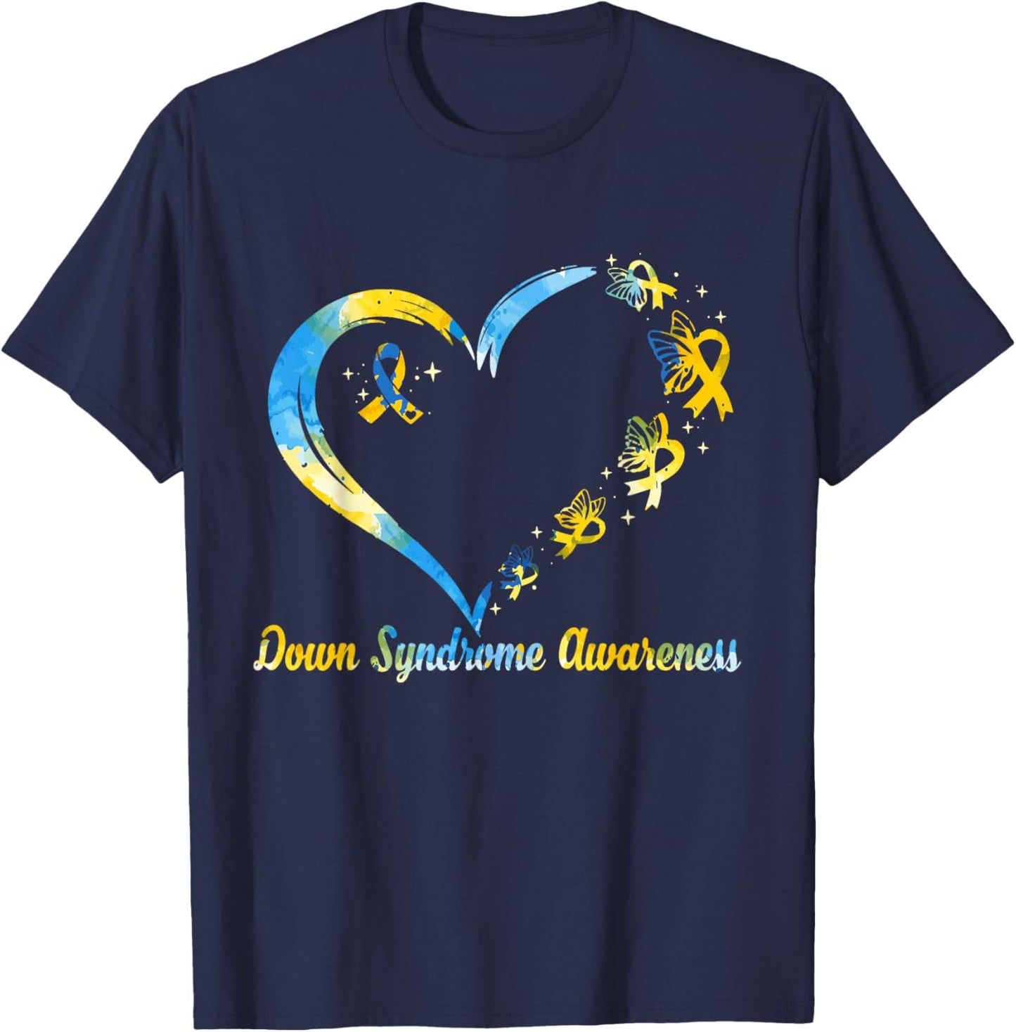 Rainbow Heart Down Syndrome Awareness Blue Yellow Ribbon T-Shirt - T-Shirt | Navy