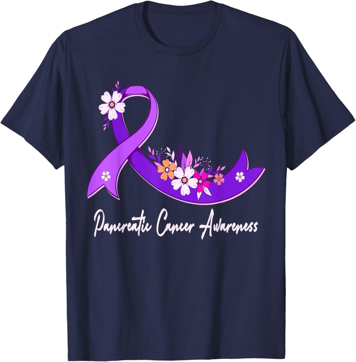 Pancreatic Cancer Awareness Floral Purple Ribbon Support T-Shirt - T-Shirt | Navy
