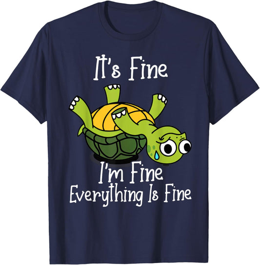 Vintage Cat Gift Store -Adult Black Cartoon Humor , It's Fine I'm Fine Everything Is Under Control Funny Turtle , Small, Short Sleeve T-Shirt - T-Shirt | Navy
