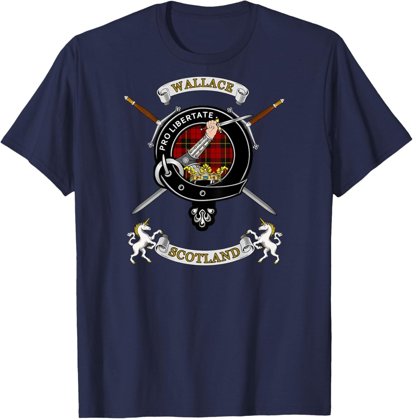 Wallace Clan Badge Tartan & Swords (back) T-Shirt - T-Shirt | Navy