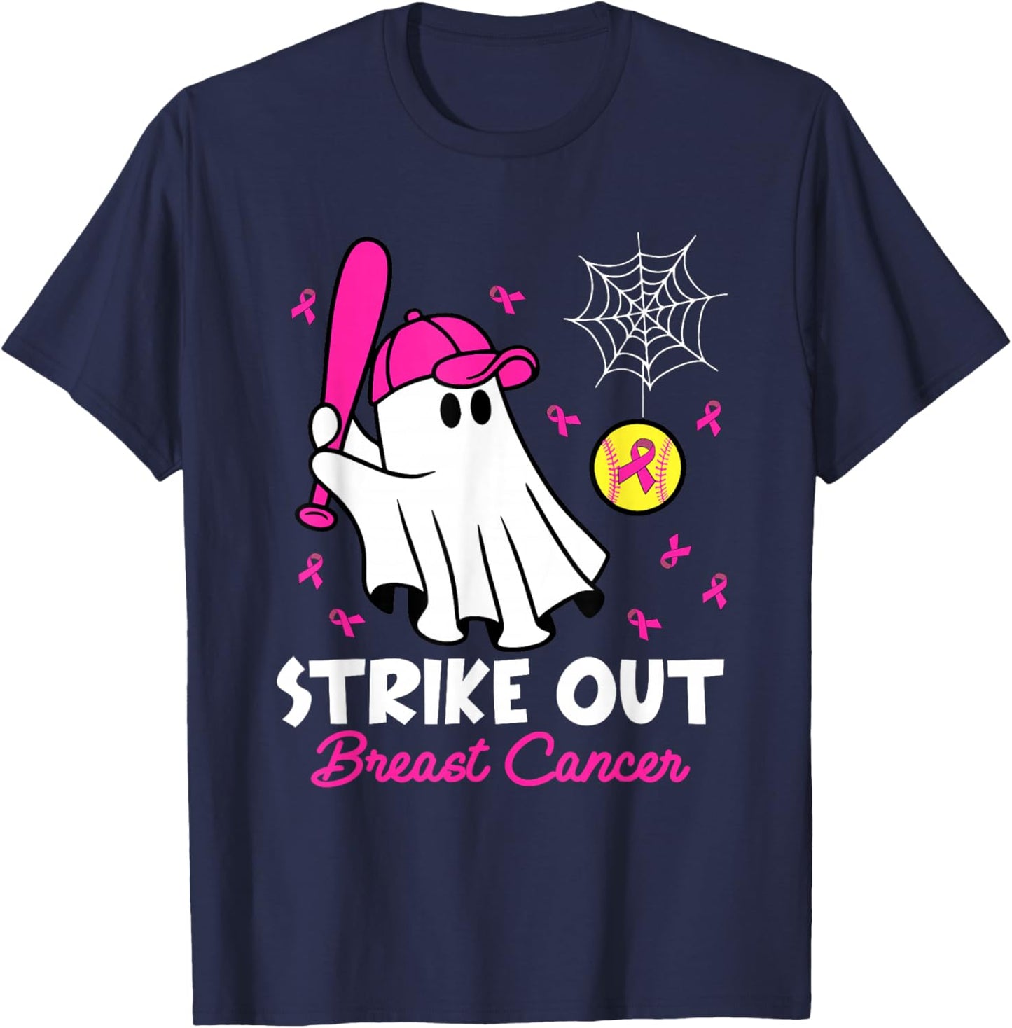 Strike Out Breast Cancer Ghost Softball Funny Breast Cancer T-Shirt - T-Shirt | Navy