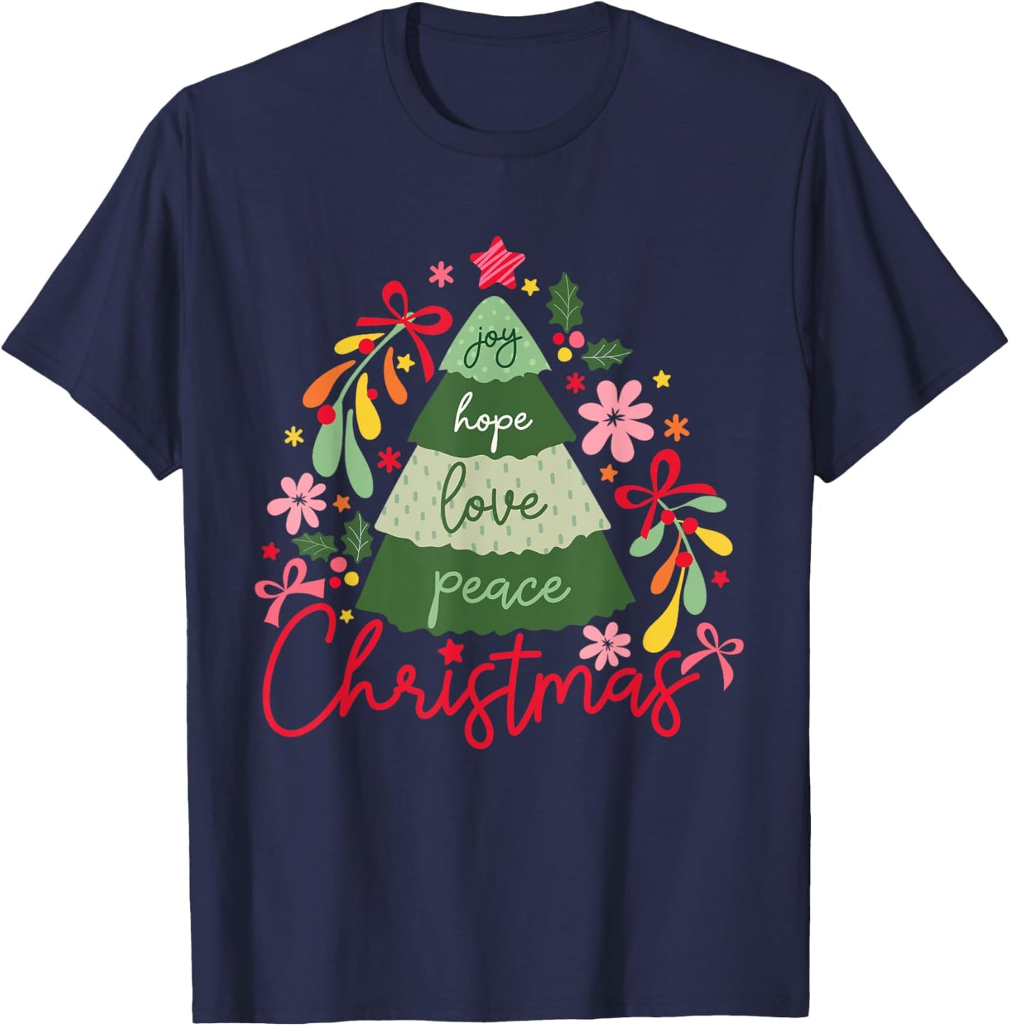 Joy Hope Love Peace Christmas Tree Pajama Outfits Holiday T-Shirt - T-Shirt | Navy