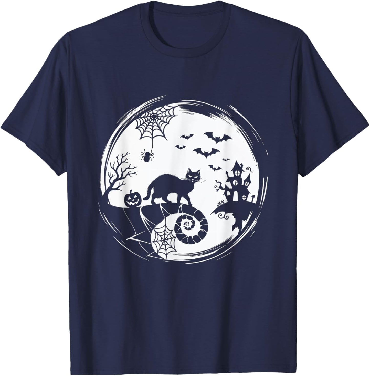 Halloween Cat Spider Bats Moon Black Cat Women T-Shirt - T-Shirt | Navy