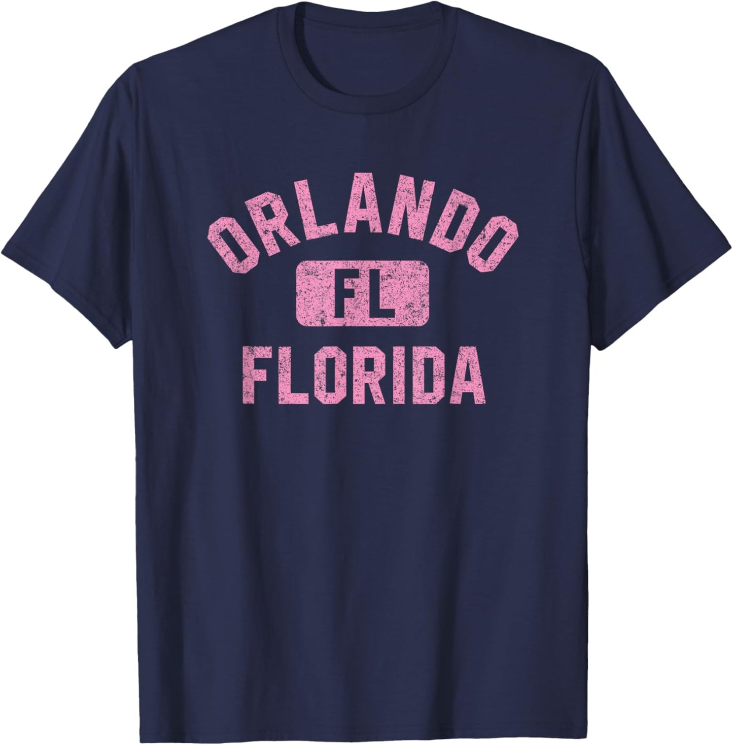 Orlando FL Florida Gym Style Distressed Pink Print T-Shirt - T-Shirt | Navy