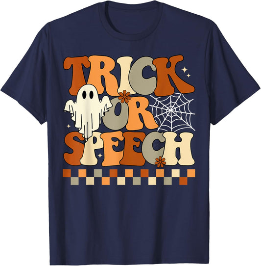 Trick or Speech Retro SLP Halloween Speech Therapy Halloween T-Shirt - T-Shirt | Navy