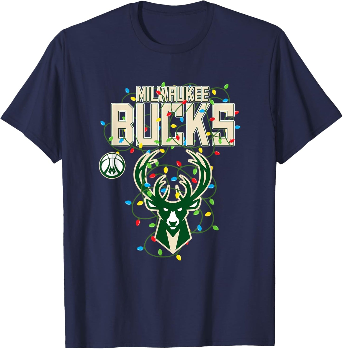 NBA Milwaukee Bucks Christmas Lights Holiday T-Shirt - T-Shirt | Navy