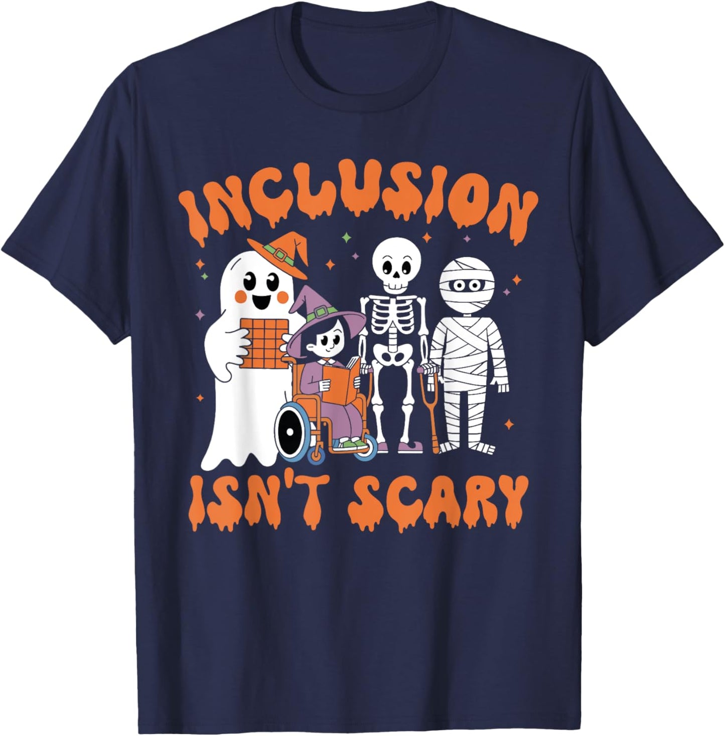 Inclusion Isn't Scary Teacher Skeleton Ghost Mummy Halloween T-Shirt - T-Shirt | Navy