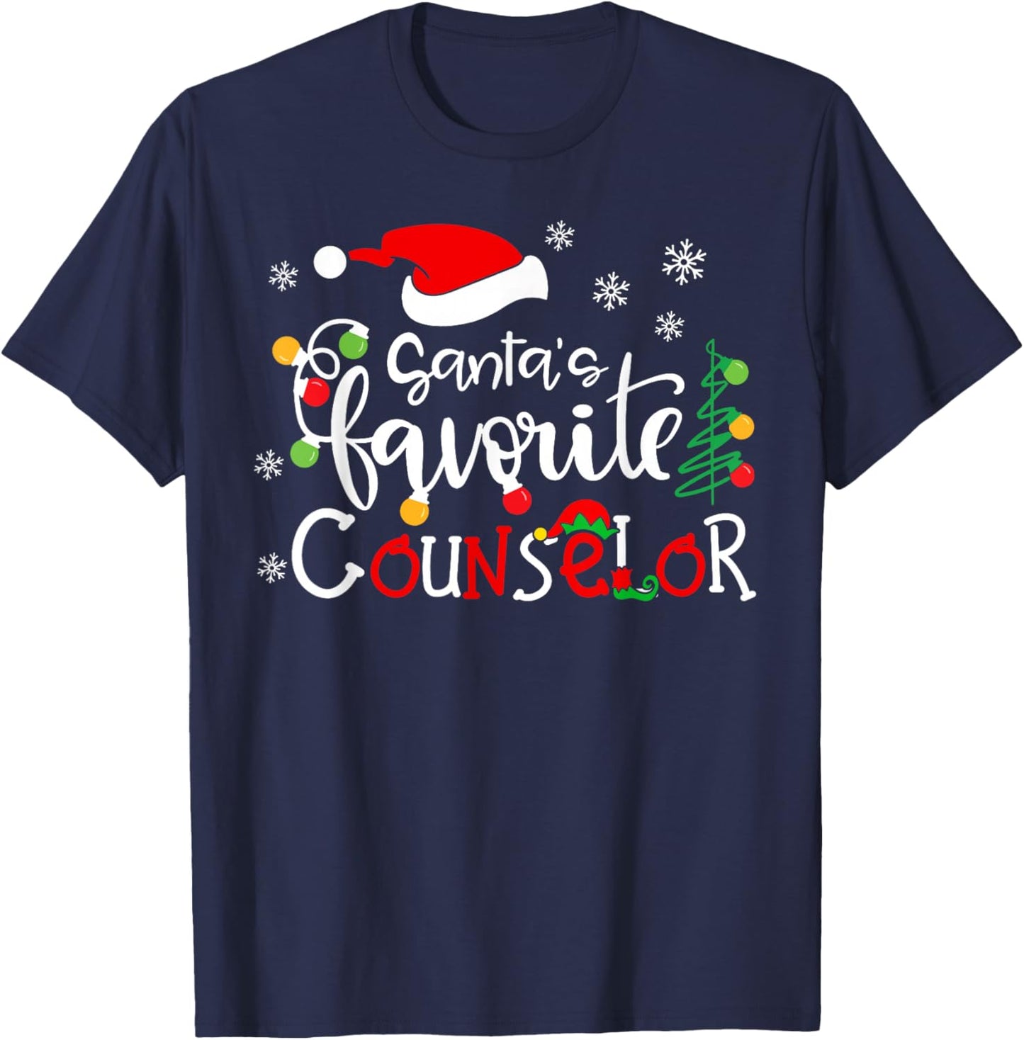 Santas Favorite Counselor Funny Christmas Santa Hat Lights T-Shirt - T-Shirt | Navy